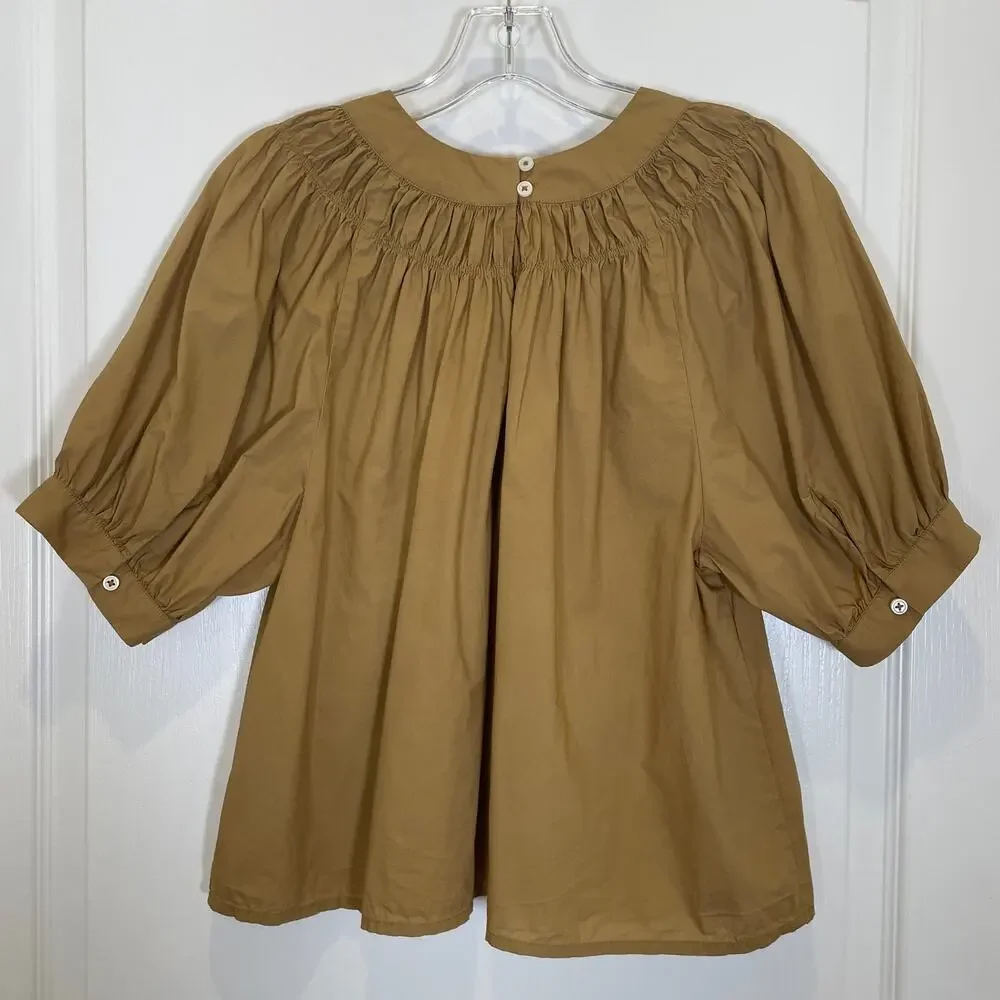 J. Crew Smocked Poplin‎ Puff Sleeve Top Honey Brown Regenerative Cotton S
